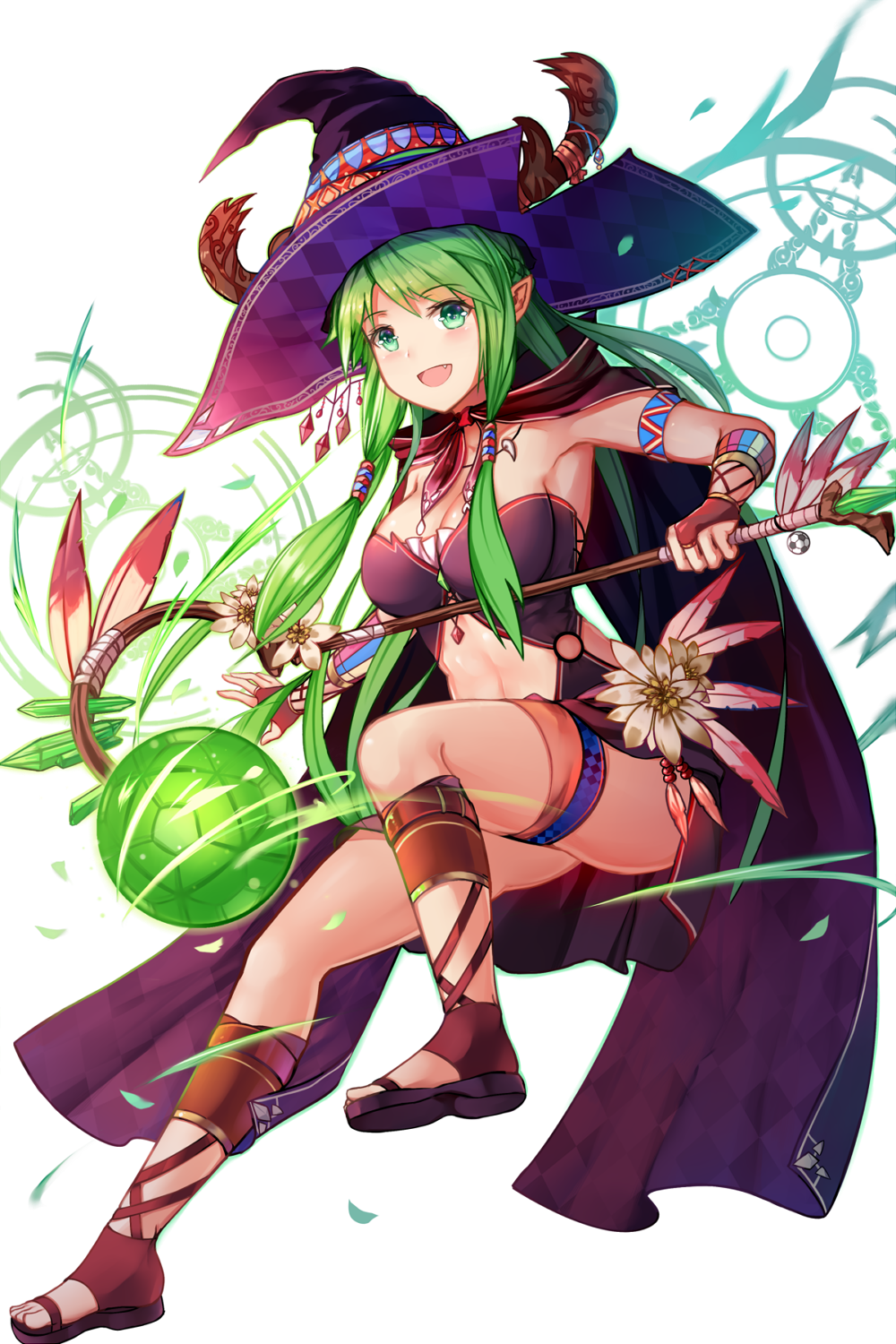 1girl :d alternate_costume antlers armpits ball bangs blush breasts bridal_gauntlets cape cleavage collarbone fang feathers flower from_side full_body green_eyes green_hair hair_tubes hat highres large_breasts long_hair looking_at_viewer looking_to_the_side matching_hair/eyes midriff natsumoka navel open_mouth pointy_ears shanti_(soccer_spirits) sidelocks smile soccer_ball soccer_spirits solo staff stomach witch_hat