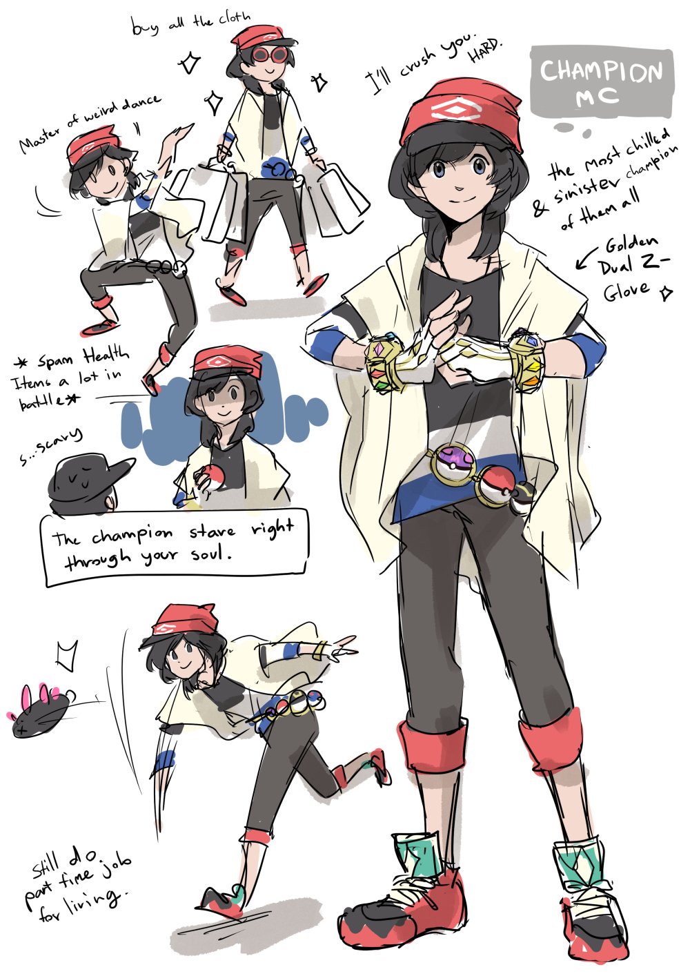 1boy androgynous bag beanie capri_pants character_sheet dc9spot english female_protagonist_(pokemon_sm) fingerless_gloves fusion gloves grey_hair hat highres long_hair male_focus male_protagonist_(pokemon_sm) master_ball older pants poke_ball pokemon pokemon_(creature) pokemon_(game) pokemon_sm pyukumuku shirt shopping_bag simple_background solo striped striped_shirt sunglasses ultra_ball white_background z-ring