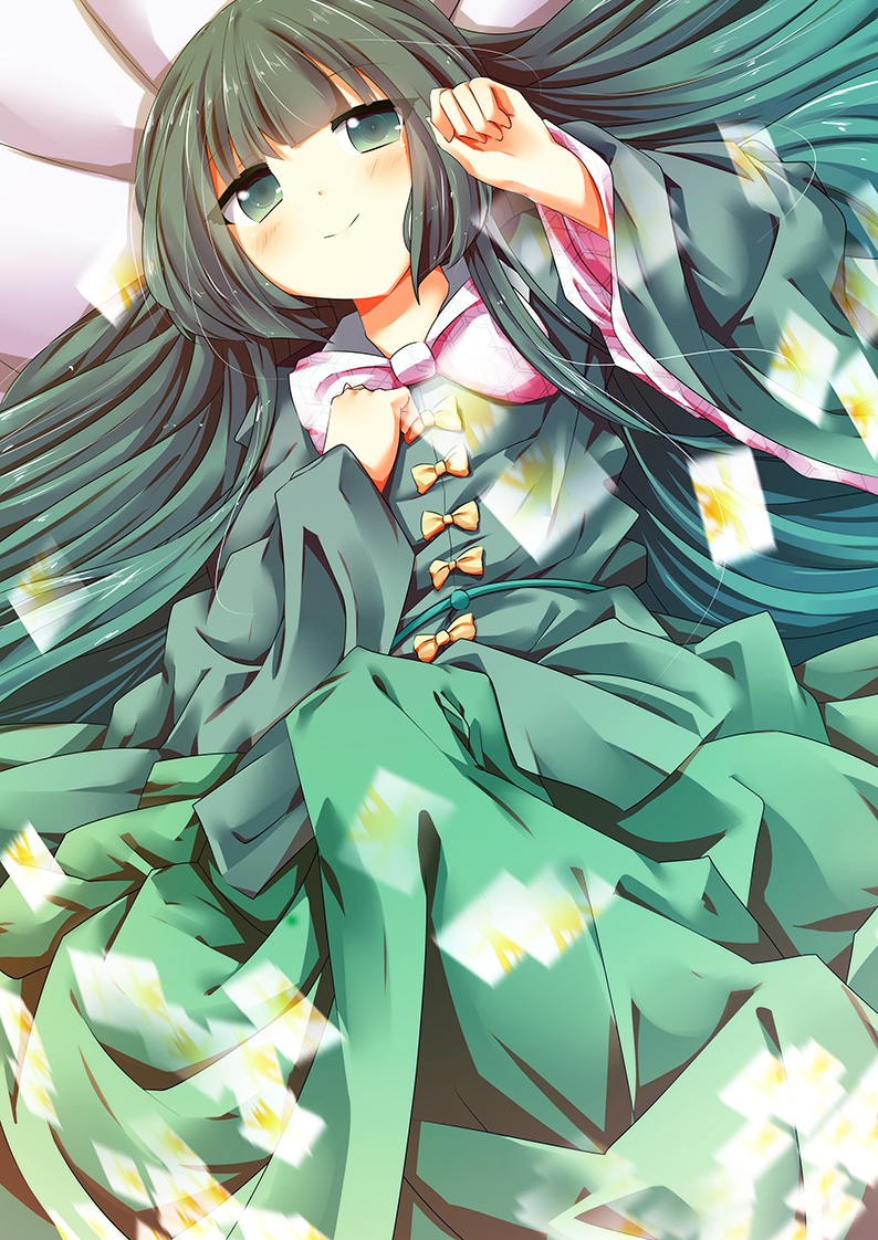 1girl alternate_color bed_sheet blush bow celesteela celesteela_(cosplay) closed_mouth collared_shirt commentary_request cosplay eyebrows_visible_through_hair flat_chest green_eyes green_hair green_shirt green_skirt hand_on_own_chest houraisan_kaguya long_hair long_skirt long_sleeves looking_at_viewer lying matching_hair/eyes on_back pink_bow pokemon pokemon_(game) pokemon_sm shirt skirt skirt_set smile solo touhou trait_connection very_long_hair vier wide_sleeves yellow_bow
