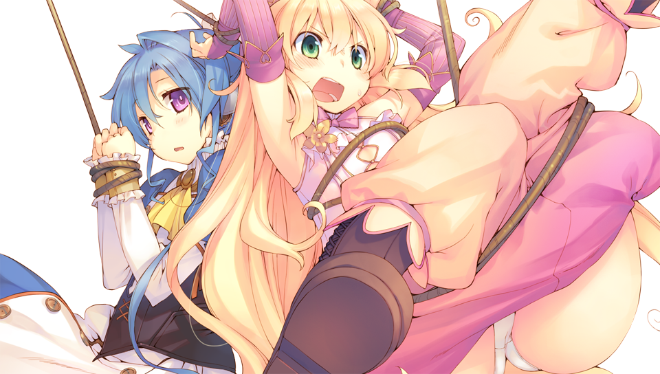 2girls : aquaplus arms_up blonde_hair blue_hair boots bound bound_wrists bridal_gauntlets dress dungeon_travelers_2 erthuricia_vitor_de_ritzhevin furrowed_eyebrows game_cg green_eyes hands_together ist kokonoka long_hair long_sleeves multiple_girls official_art open_mouth panties pants_pull rope sweat tangle transparent_background underwear violet_eyes white_panties