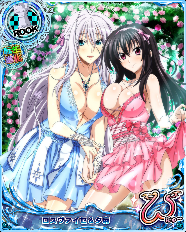 2girls antenna_hair black_hair blue_eyes breast_press breasts card_(medium) character_name chess_piece cleavage erect_nipples hair_between_eyes hair_ribbon happy high_school_dxd high_school_dxd_new jewelry large_breasts long_hair multiple_girls necklace official_art open_mouth petals pink_eyes raynare ribbon rook_(chess) rossweisse silver_hair smile symmetrical_docking torn_clothes trading_card very_long_hair