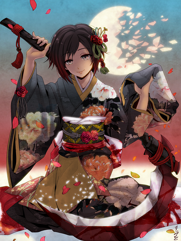 1girl black_hair broken_moon floral_print grey_eyes hair_pin japanese_clothes petals redhead roses ruby_rose rwby scythe smiling sumiwow two_tone_hair weapon