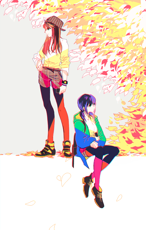 2girls autumn backwards_hat baseball_cap cellphone hat krusier multicolored_legwear multiple_girls original phone sitting standing watch watch