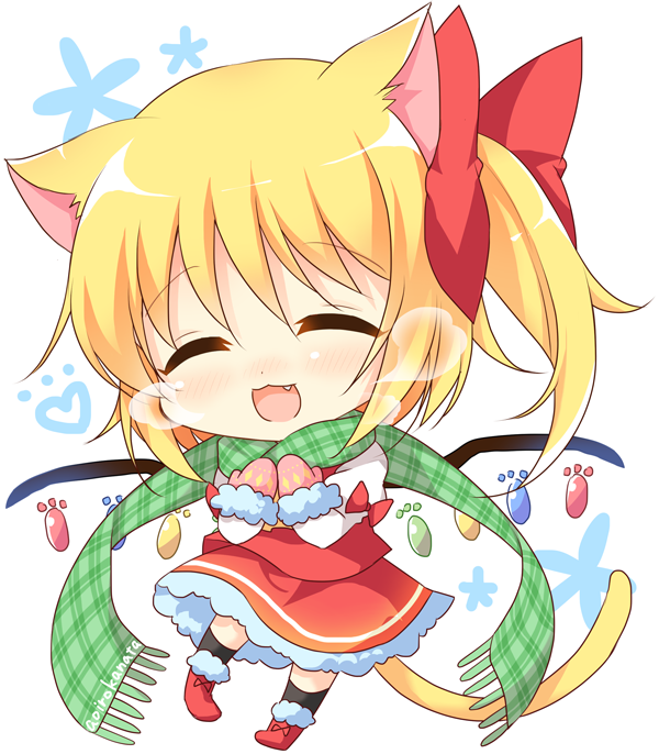 1girl :3 :d animal_ears black_legwear blonde_hair blush boots bow cat_ears cat_tail closed_eyes fang flandre_scarlet full_body fur-lined_boots fur-trimmed_gloves gloves green_scarf hair_bow heart juliet_sleeves kemonomimi_mode long_sleeves nose_blush open_mouth pink_gloves plaid plaid_scarf puffy_sleeves red_boots red_bow red_skirt red_vest scarf shikitani_asuka shirt side_ponytail skirt smile solo star tail touhou vest white_shirt wings