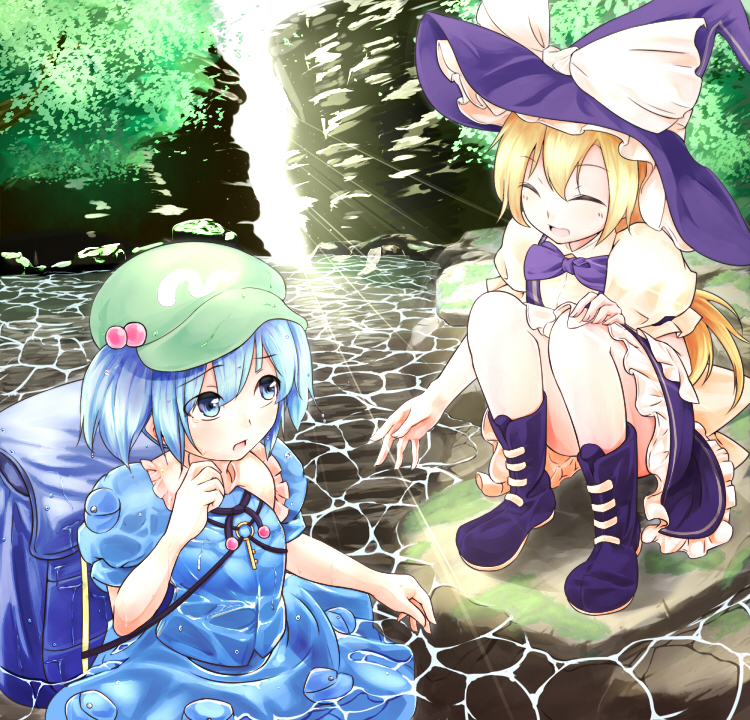 2girls apron asa_(ces6ces8) backpack bag blonde_hair blue_eyes blue_hair boots bow bowtie closed_eyes convenient_leg flat_cap frilled_skirt frills hair_bobbles hair_ornament hair_ribbon hat kawashiro_nitori key kirisame_marisa long_hair looking_at_another moss multiple_girls on_rock open_hand open_mouth partially_submerged puffy_short_sleeves puffy_sleeves ribbon short_hair short_sleeves skirt skirt_set squatting standing stream sunlight touhou tree twintails waist_apron water water_drop waterfall wet wet_clothes wet_hair witch_hat