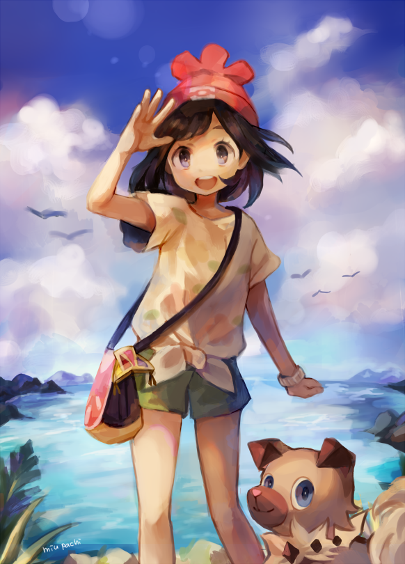 1girl artist_name bangs bare_legs beanie black_hair blue_eyes blue_sky clouds cowboy_shot day female_protagonist_(pokemon_sm) floating_hair floral_print green_shorts hat miu_pachi open_mouth outdoors pokemon pokemon_(creature) pokemon_(game) pokemon_sm red_hat rockruff selene_(pokemon) shading_eyes shirt short_hair short_shorts short_sleeves shorts sky swept_bangs t-shirt tied_shirt water wind wrist_extended z-ring