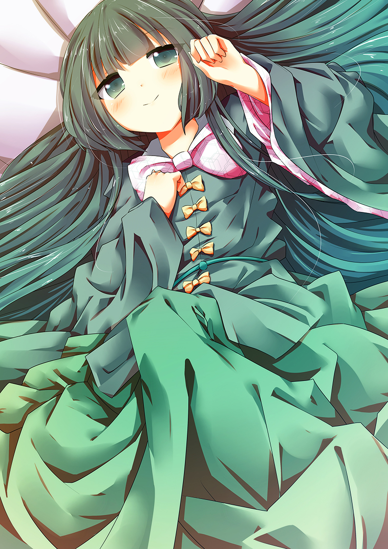 1girl alternate_color bed_sheet blush bow celesteela celesteela_(cosplay) closed_mouth collared_shirt cosplay eyebrows_visible_through_hair flat_chest green_eyes green_hair green_shirt green_skirt hand_on_own_chest houraisan_kaguya long_hair long_skirt long_sleeves looking_at_viewer lying matching_hair/eyes on_back pink_bow pokemon pokemon_(game) pokemon_sm shirt skirt skirt_set smile solo touhou trait_connection very_long_hair vier wide_sleeves yellow_bow