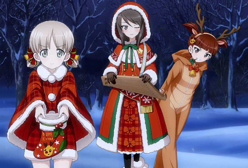 3girls aki_(girls_und_panzer) alternate_costume animal_costume antlers arms_behind_back bare_tree bell bell_collar black_eyes black_hair blue_eyes blush bow brown_hair christmas christmas_stocking collar commentary costume fake_antlers girls_und_panzer gloves grin haiiro_purin hair_bell hair_bow hair_ornament hairband hood instrument kantele leaning_forward long_hair looking_at_viewer merry_christmas mika_(girls_und_panzer) mikko_(girls_und_panzer) mistletoe mouth_hold multiple_girls neck_ribbon night one_eye_closed plaid reaching_out reindeer_antlers reindeer_costume ribbon short_hair short_twintails shorts silver_hair sky smile snow tree twintails winter