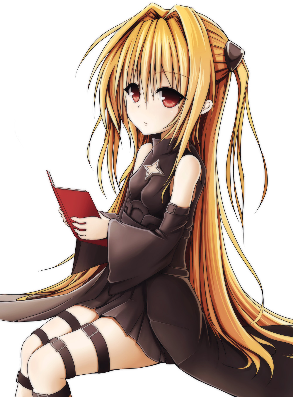 1girl black_dress blonde_hair book brown_eyes cleavage_cutout dress eyebrows_visible_through_hair hair_between_eyes hair_ornament highres holding holding_book kaieee konjiki_no_yami long_hair looking_at_viewer one_side_up simple_background sitting solo star_cutout to_love-ru to_love-ru_darkness white_background