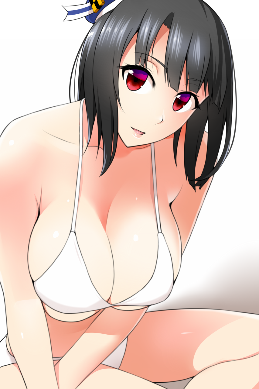 1girl beret bikini bikini_bottom bikini_top black_hair breasts commentary_request hanging_breasts hat highres kantai_collection large_breasts looking_at_viewer mattari_yufi open_mouth red_eyes short_hair sitting smile solo swimsuit takao_(kantai_collection) v-arms white_background white_bikini
