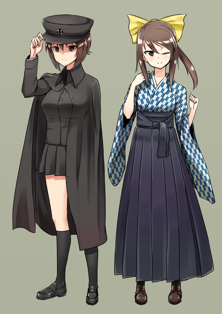 2girls adjusting_clothes adjusting_hat alternate_costume alternate_hairstyle bangs black_cape black_hat black_legwear black_shoes black_skirt blue_shirt blue_skirt boots bow brown_boots brown_eyes brown_hair cape closed_mouth cross-laced_footwear full_body girls_und_panzer grey_background hair_bow hair_up hat hikyakuashibi japanese_clothes kneehighs loafers long_hair long_skirt looking_at_viewer mika_(girls_und_panzer) military military_hat military_uniform miniskirt multiple_girls nishizumi_maho one_eye_closed pleated_skirt shirt shoes short_hair simple_background skirt smile standing uniform yellow_bow