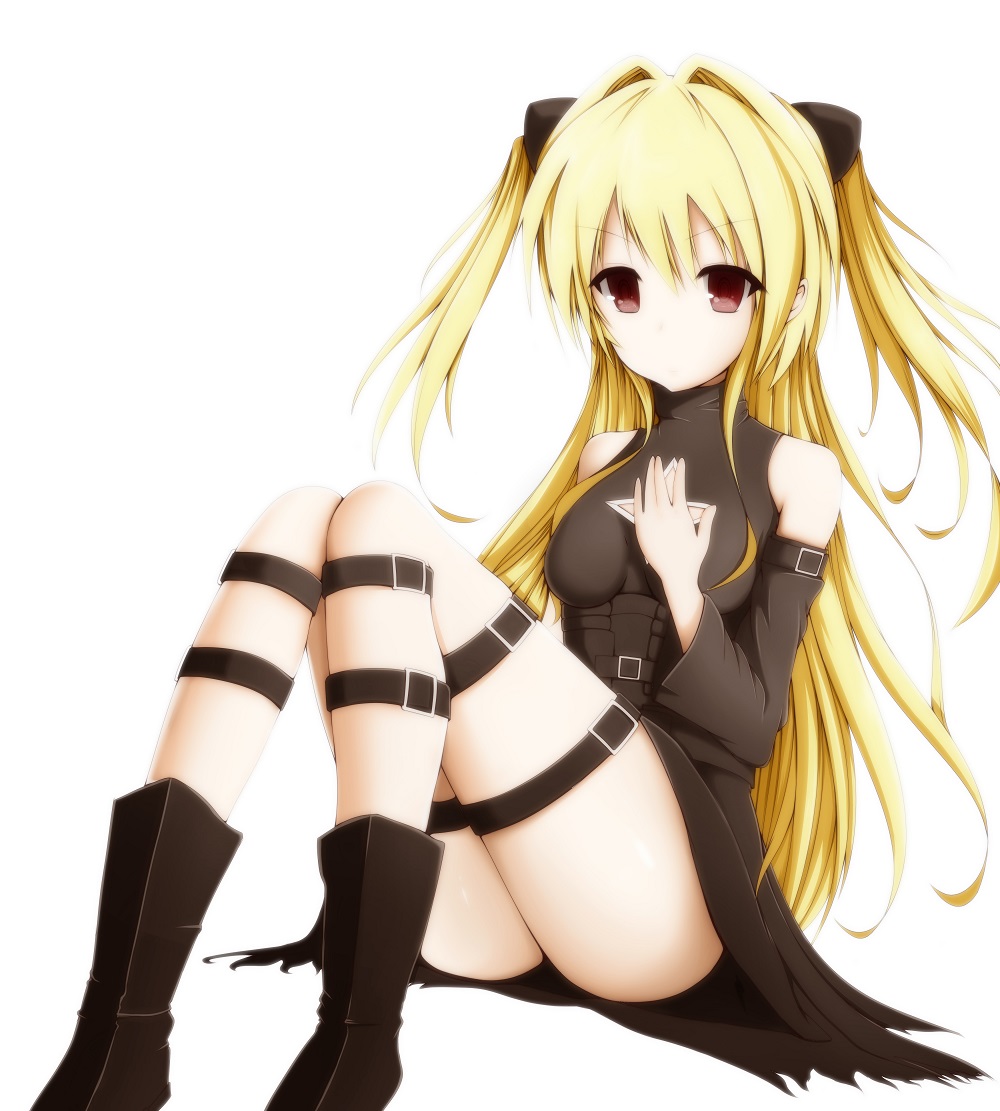 1girl black_dress blonde_hair brown_eyes cleavage_cutout detached_sleeves dress eyebrows_visible_through_hair hand_over_heart kaieee konjiki_no_yami long_hair looking_at_viewer simple_background sitting solo star_cutout thigh_strap to_love-ru to_love-ru_darkness two_side_up white_background