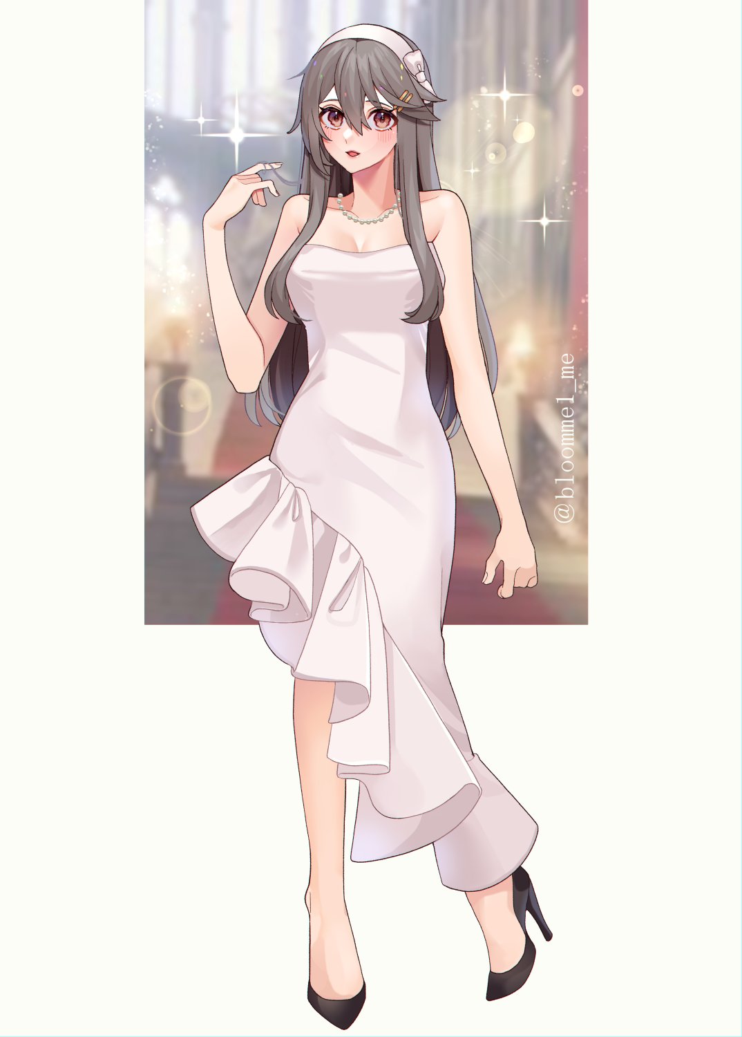 1girl alternate_costume bare_shoulders black_footwear black_hair brown_eyes dress full_body hair_between_eyes hair_ornament hairclip haruna_(kancolle) high_heels highres jewelry kantai_collection kozu_(bloomme1_me) long_hair looking_at_viewer necklace pearl_necklace solo sparkle white_dress white_hair