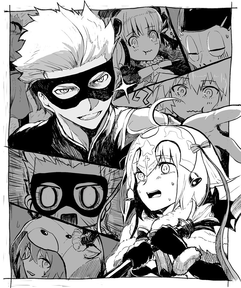 2boys 3girls :t ? ahoge animal_hood archer assassin_of_black bell capelet comic commentary_request elbow_gloves fate/grand_order fate/stay_night fate_(series) fujimaru_ritsuka_(female) fur_trim gloves headpiece holding holding_weapon hood jeanne_alter jeanne_alter_(santa_lily)_(fate) mask monochrome multiple_boys multiple_girls nursery_rhyme_(fate/extra) open_mouth outstretched_arm polearm ribbon ruler_(fate/apocrypha) short_hair sparkle spear star stifled_laugh sweat sweatdrop syatey teeth true_assassin wavy_mouth weapon
