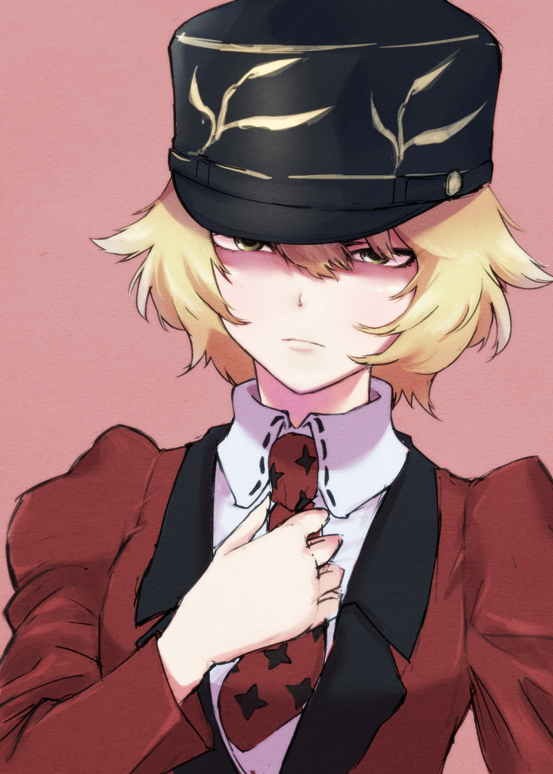 1girl adjusting_clothes adjusting_necktie asparagus_(girls_und_panzer) bangs blonde_hair brown_eyes closed_mouth girls_und_panzer girls_und_panzer_ribbon_no_musha hat jacket kepi long_sleeves looking_at_viewer m2b messy_hair military military_hat military_uniform necktie pink_background red_jacket shirt short_hair simple_background solo standing uniform upper_body white_shirt