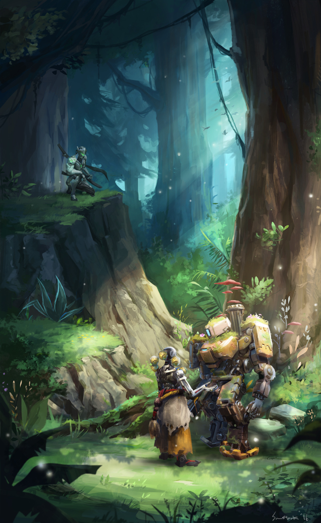 2016 armor artist_name bastion_(overwatch) bodysuit commentary cyborg dated gatling_gun genji_(overwatch) glowing grass gun headband helmet hill humanoid_robot katana leaf looking_at_another looking_away looking_down mask mecha monk mushroom nature one_knee orb outstretched_hand overwatch pants plant power_armor robot rock rope scenery sheath sheathed signature sparkle standing sun_stark sunlight sword tassel torn_clothes tree tree_shade vines weapon zenyatta_(overwatch)