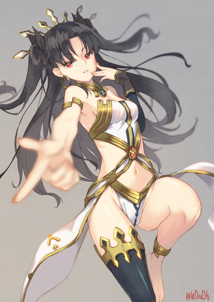 1girl anklet bare_shoulders barefoot black_hair crown earrings fate/grand_order fate_(series) hair_ribbon hoop_earrings ishtar_(fate/grand_order) jewelry long_hair looking_at_viewer navel red_eyes ribbon single_thighhigh solo thigh-highs tohsaka_rin two_side_up you06