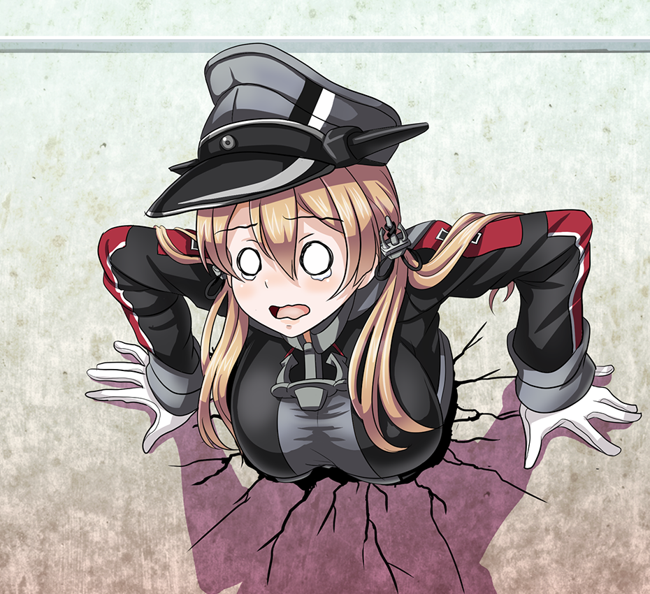 1girl anchor_hair_ornament arm_support blank_stare blonde_hair breasts commentary_request crying crying_with_eyes_open gloves hair_between_eyes hair_ornament hair_over_shoulder hat iron_cross kabe_ni_hamatte_ugokenai! kantai_collection long_hair long_sleeves low_twintails medium_breasts military military_hat military_uniform open_mouth peaked_cap prinz_eugen_(kantai_collection) stuck tears through_wall tk8d32 tongue twintails uniform upper_body wavy_mouth white_gloves