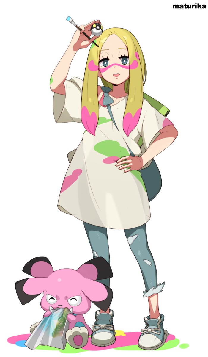 1girl blonde_hair blue_eyes capri_pants facepaint full_body highres holding holding_poke_ball long_hair matsurika_(pokemon) open_mouth paint paintbrush pants poke_ball pokemon pokemon_(creature) pokemon_(game) pokemon_sm simple_background snubbull tonami_kanji white_background