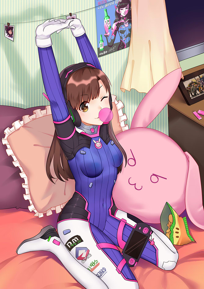 &gt;:3 1girl :3 arms_up bangs bed_sheet blush bodysuit boots bracer breasts brown_eyes brown_hair bubble_blowing bubblegum bunny_pillow bunny_print charm_(object) chips clothes_pin covered_navel curtains d.va_(overwatch) emblem eyebrows_visible_through_hair facepaint facial_mark fingers_together food frilled_pillow frills gloves gum handheld_game_console hands_clasped hands_together headphones high_collar logo long_hair medium_breasts on_bed one_eye_closed overwatch pauldrons photo_(object) pillow pilot_suit playstation_portable poster_(object) purple_bodysuit ribbed_bodysuit shoulder_pads sitting sitting_on_bed skin_tight smile_(mm-l) solo string thigh-highs thigh_boots thigh_strap turtleneck wariza whisker_markings white_boots white_gloves window