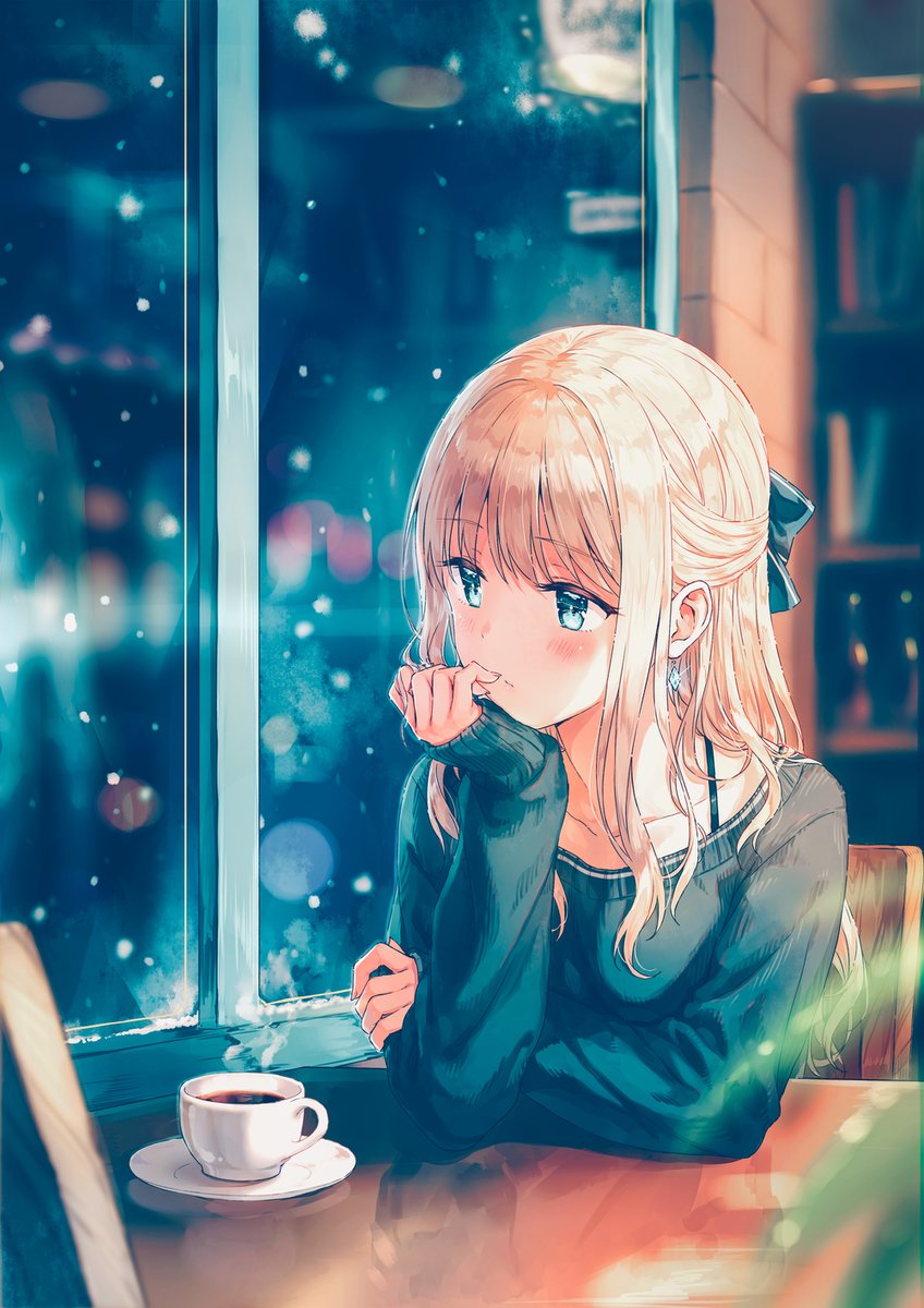 1girl :/ bangs blonde_hair blue_eyes blue_ribbon blurry blush cafe chair coffee collarbone cup depth_of_field earrings eyebrows_visible_through_hair hair_ribbon half_updo hand_on_own_arm hand_on_own_chin highres hiten_goane_ryu jewelry long_hair looking_out_window looking_to_the_side off_shoulder original ribbon school_uniform sitting sleeves_past_wrists snow solo sweater table teacup window