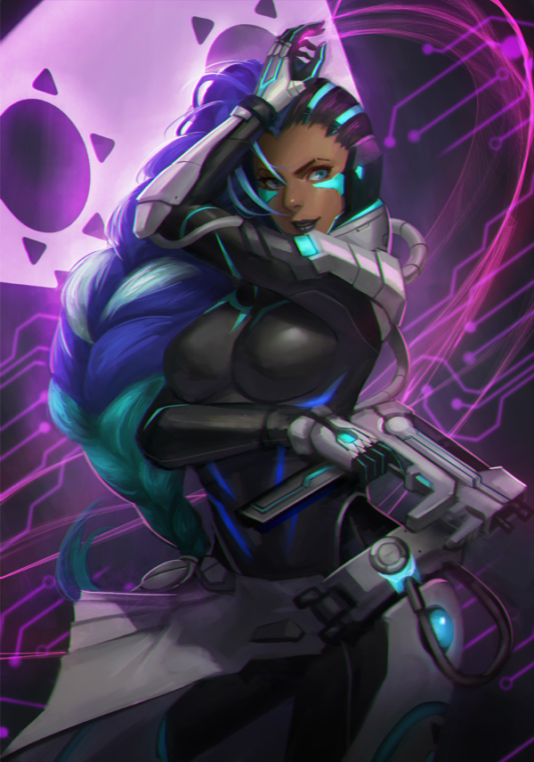 1girl alternate_costume aqua_eyes aqua_hair arm_up asymmetrical_hair blue_hair bodysuit braid breasts cowboy_shot cyberspace_sombra dark_skin emblem eyeshadow gun holding holding_gun holding_weapon large_breasts lipstick long_hair looking_at_viewer makeup medium_breasts multicolored_hair overwatch parted_lips phamoz pose purple_background science_fiction skin_tight smile solo sombra_(overwatch) submachine_gun two-tone_hair very_long_hair weapon