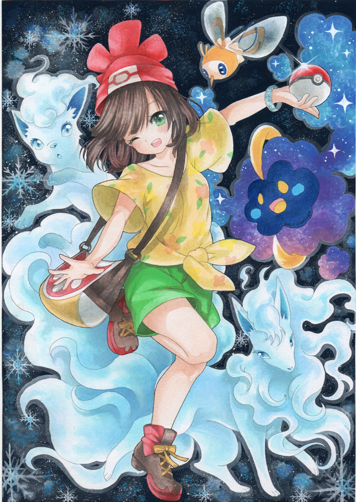 1girl alolan_ninetales alolan_vulpix bag brown_hair collarbone cosmog cutiefly female_protagonist_(pokemon_sm) floral_print green_eyes green_shorts hat holding holding_poke_ball mosho one_eye_closed open_mouth poke_ball pokemon pokemon_(game) pokemon_sm red_hat shoes shorts snowflakes standing standing_on_one_leg