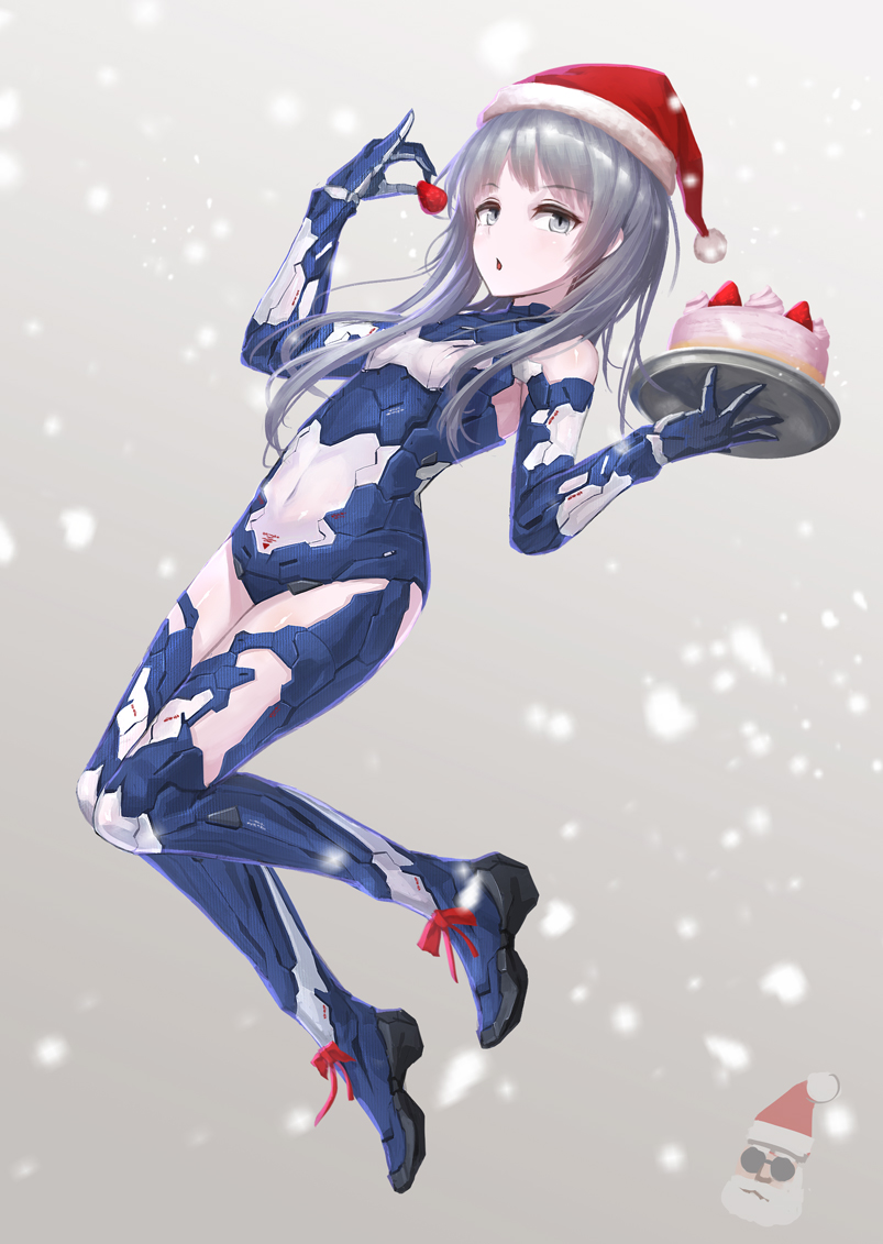1girl :o ace_combat ace_combat_x armor bangs bare_shoulders blurry blush breasts cake chibi_inset christmas clothes_writing eyebrows_visible_through_hair eyelashes food fruit full_body fur_trim grey_background grey_eyes grey_hair hat holding holding_fruit holding_tray light_particles long_hair looking_at_viewer mecha_musume navel personification pinky_out pom_pom_(clothes) red_ribbon ribbon santa_claus santa_hat see-through simple_background slit_pupils small_breasts snow solo strawberry tom-neko_(zamudo_akiyuki) tray yr-99_forneus
