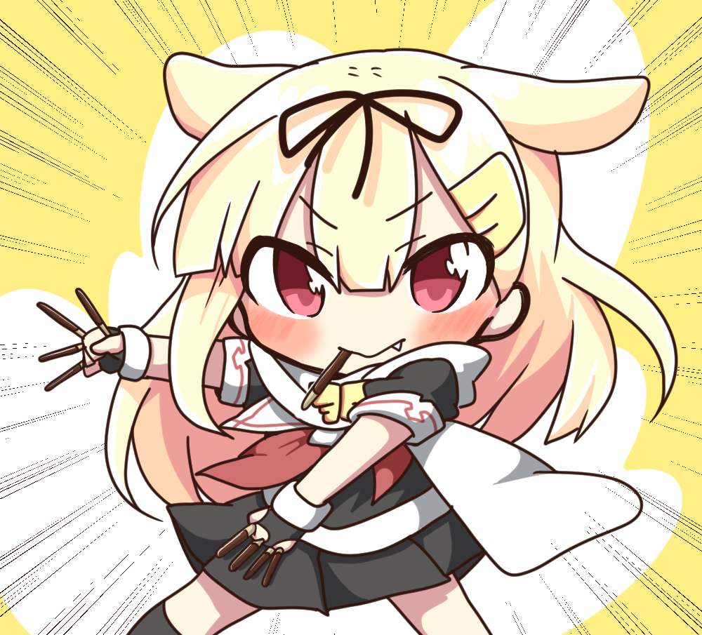 &gt;:&gt; &gt;:) 1girl blonde_hair blush chibi cowboy_shot emphasis_lines fang fingerless_gloves food gloves hair_flaps hair_ornament hairclip jako_(jakoo21) kantai_collection long_hair mouth_hold pleated_skirt pocky pocky_day pose red_eyes remodel_(kantai_collection) revision scarf skirt solo two-tone_background white_background yellow_background yuudachi_(kantai_collection)
