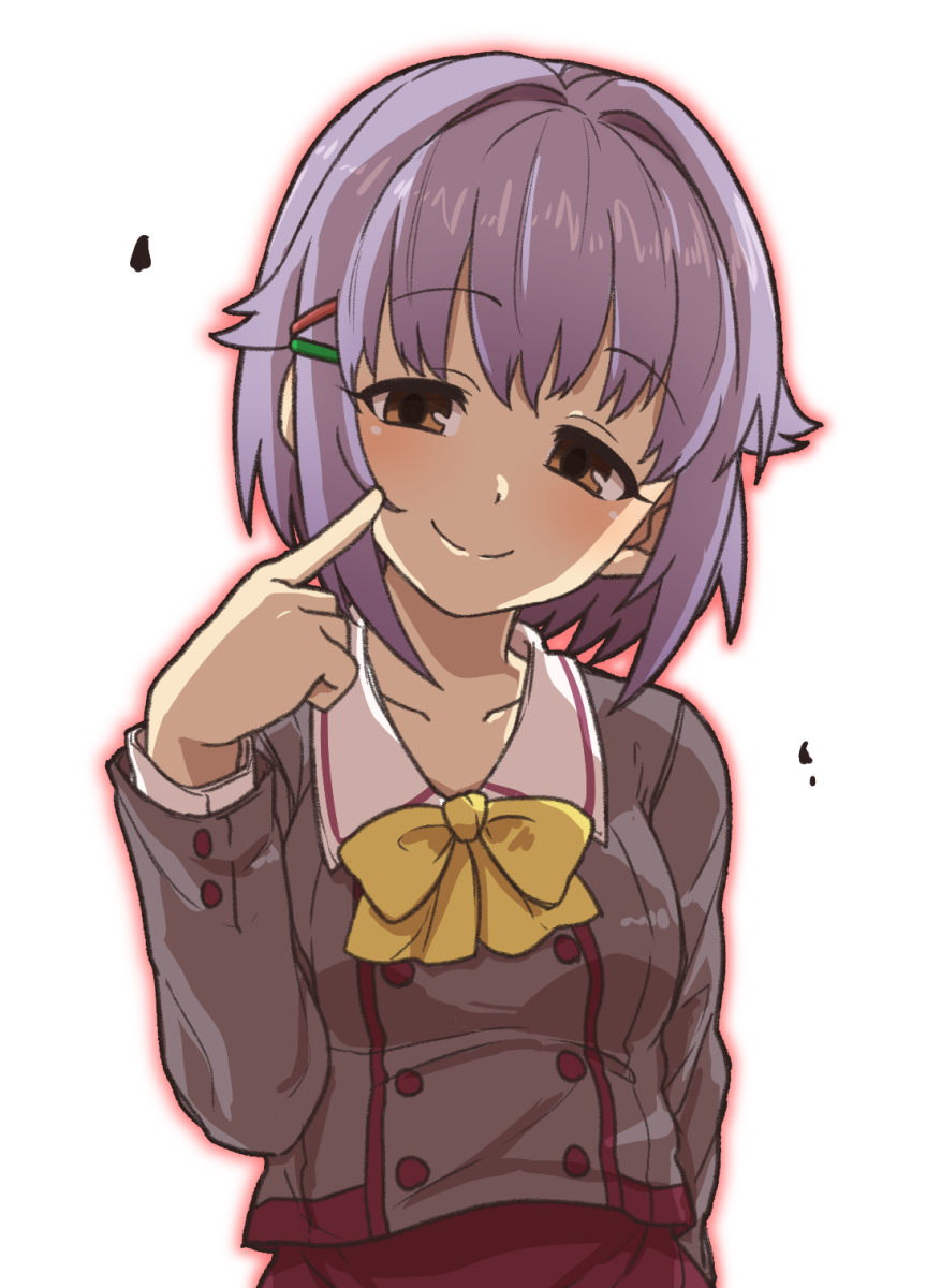 1girl bangs blush bow bowtie breasts brown_eyes buttons eyebrows eyebrows_visible_through_hair eyelashes finger_to_cheek gazacy_(dai) hair_intakes hair_ornament hairclip head_tilt highres idolmaster idolmaster_cinderella_girls koshimizu_sachiko long_sleeves looking_at_viewer medium_breasts outline purple_hair school_uniform short_hair sidelocks simple_background smile solo white_background yellow_bow yellow_bowtie