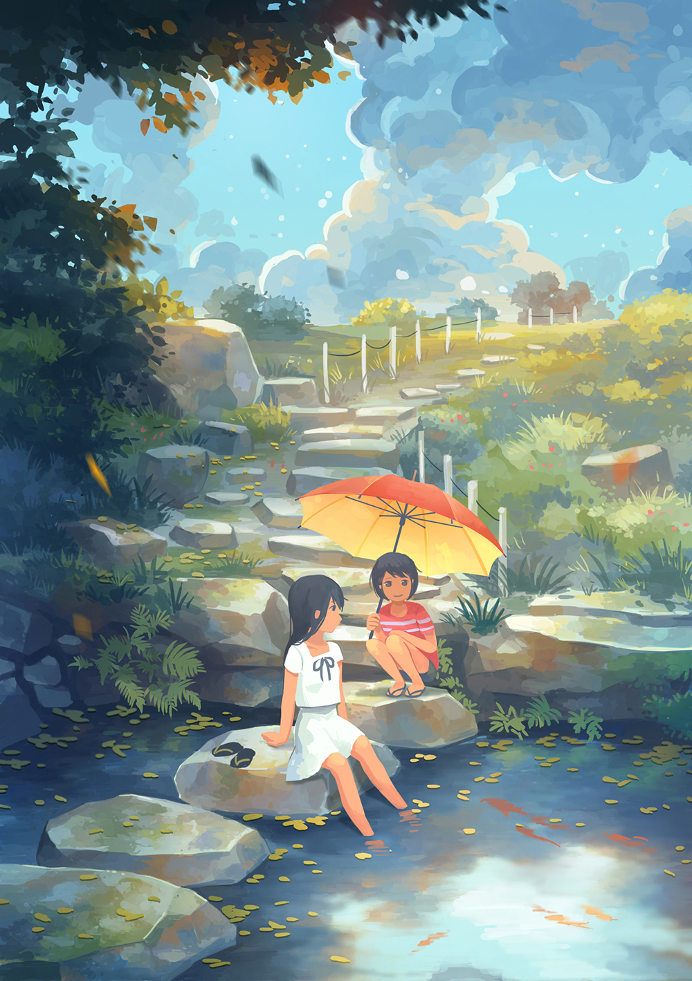 2girls autumn_leaves black_eyes black_hair blouse blue_sky clouds fern flip-flops footwear_removed grass highres kitsu+3 koi long_hair looking_at_another looking_to_the_side moss multiple_girls no_lineart original parasol path pond ribbon road sandals shirt short_hair short_sleeves shorts sitting sky smile soaking_feet squatting stepping_stones striped striped_shirt umbrella white_blouse white_shirt wire_fence