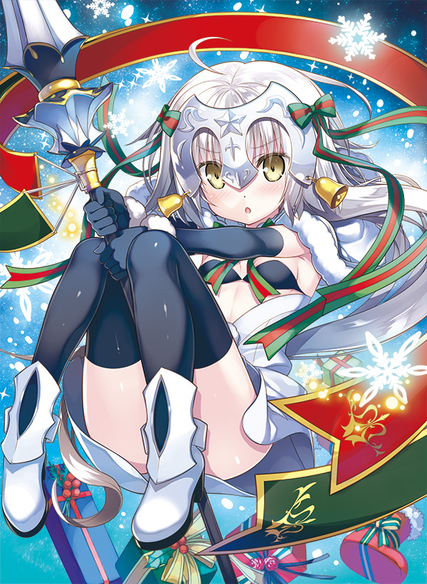 &gt;:o :o ahoge armpits between_legs black_gloves black_legwear blush boots breasts elbow_gloves fate/grand_order fate_(series) fujima_takuya gift gloves green_ribbon hand_between_legs holding holding_weapon jeanne_alter jeanne_alter_(santa_lily)_(fate) knees_together_feet_apart knees_up lance looking_at_viewer polearm red_ribbon ribbon ruler_(fate/apocrypha) silver_hair small_breasts snow snowflakes striped striped_ribbon thigh-highs thighs weapon yellow_eyes