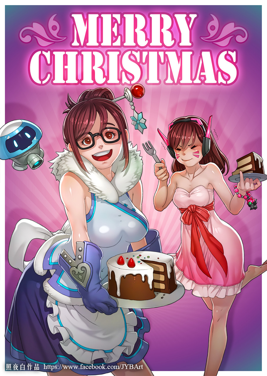 2girls :d adapted_costume apron artist_name bangs bare_shoulders barefoot beads black-framed_eyewear blue_gloves blue_skirt breasts brown_eyes brown_hair cake christmas closed_eyes closed_mouth collarbone cowboy_shot d.va_(overwatch) dress drone eating eyebrows_visible_through_hair facepaint facial_mark floating food fork frilled_apron frills fur_trim glasses gloves hair_bun hair_ornament hair_stick headphones highres holding holding_fork holding_plate leg_up long_hair looking_at_viewer machinery maid_apron medium_breasts mei_(overwatch) merry_christmas multiple_girls open_mouth overwatch pink_dress plate red_ribbon ribbon robot sash short_hair skirt sleeveless sleeveless_dress smile snowball_(overwatch) snowflake_hair_ornament standing standing_on_one_leg watermark web_address whisker_markings zhaoyebai