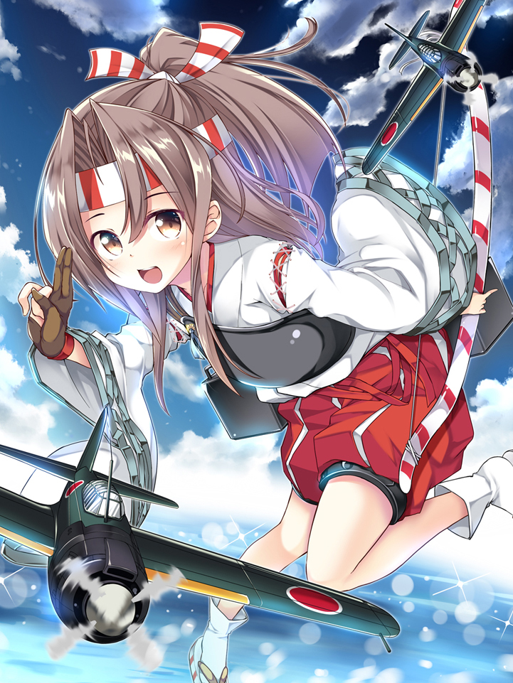 1girl :d aircraft airplane blush bow_(weapon) brown_eyes brown_hair clouds cloudy_sky commentary_request hachimaki headband hitsujibane_shinobu kantai_collection long_hair looking_at_viewer muneate open_mouth ponytail sky smile solo weapon wide_sleeves yugake zuihou_(kantai_collection)