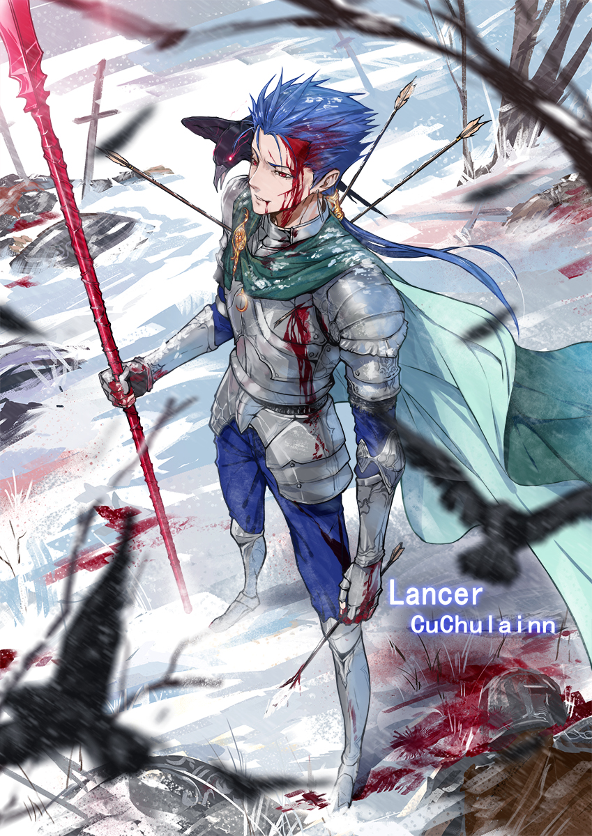 1boy accessories armor arrow arrow_in_body bird blood blood_from_mouth blood_on_face blood_stain bloody_clothes bloody_hands blue_hair boots cape crow cu_chulainn_(fate/grand_order) fate/grand_order fate/stay_night fate_(series) feathers gae_bolg gauntlets gloves helmet highres holding injury jun_ling lance lancer lancer_(fate/zero) long_hair metal open_mouth pauldrons polearm ponytail red_eyes rock snow solo spear sword tree weapon
