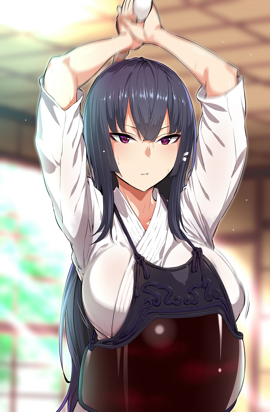 1girl arms_up bangs black_hair blunt_bangs blurry blush bougu breasts depth_of_field hair_ribbon highres kendo large_breasts looking_at_viewer motion_blur original parted_lips ribbon sidelocks solo sweat tetsuo_(tetuo1129) tress_ribbon upper_body violet_eyes wet wet_clothes white_ribbon
