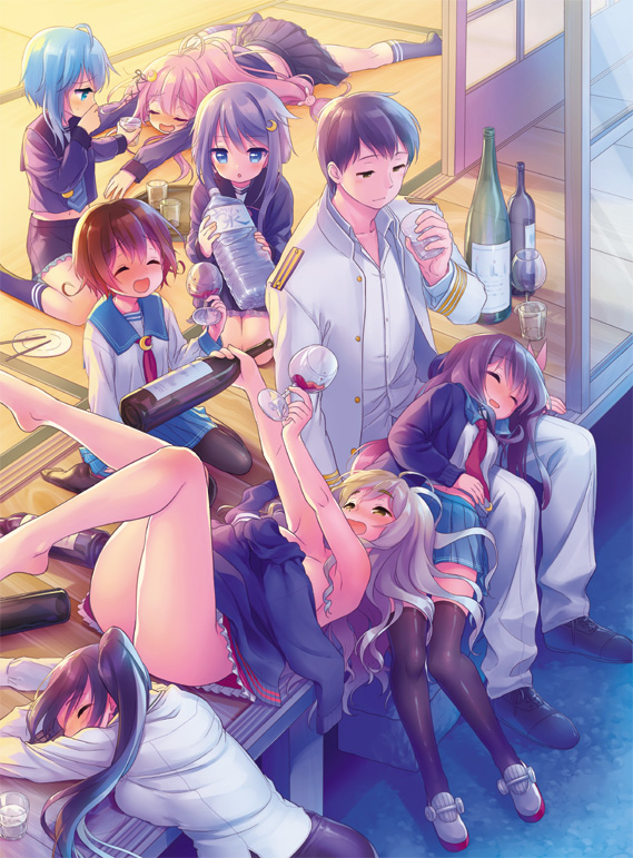 1boy 6+girls admiral_(kantai_collection) ahoge black_hair black_legwear black_skirt blouse blue_eyes blue_hair blue_jacket blush bottle breasts brown_eyes brown_hair closed_eyes collarbone cup drinking_glass drunk epaulettes flower from_above green_skirt grey_hair hair_flower hair_ornament jacket kantai_collection kisaragi_(kantai_collection) long_hair long_sleeves lying lying_on_lap midriff minami_(apricot_tea) minazuki_(kantai_collection) multiple_girls mutsuki_(kantai_collection) nachi_(kantai_collection) necktie on_back on_stomach open_clothes open_jacket open_mouth outdoors pantyhose pink_hair pleated_skirt pola_(kantai_collection) ponytail purple_hair purple_shirt redhead remodel_(kantai_collection) shirt short_hair skirt sleeping sleeping_on_person smile uzuki_(kantai_collection) white_blouse white_jacket white_shirt wine_bottle wine_glass wooden_floor yayoi_(kantai_collection)