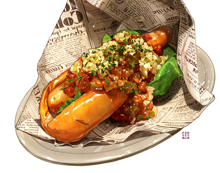 bread commentary_request food hot_dog momiji_mao newspaper no_humans original plate realistic sausage signature