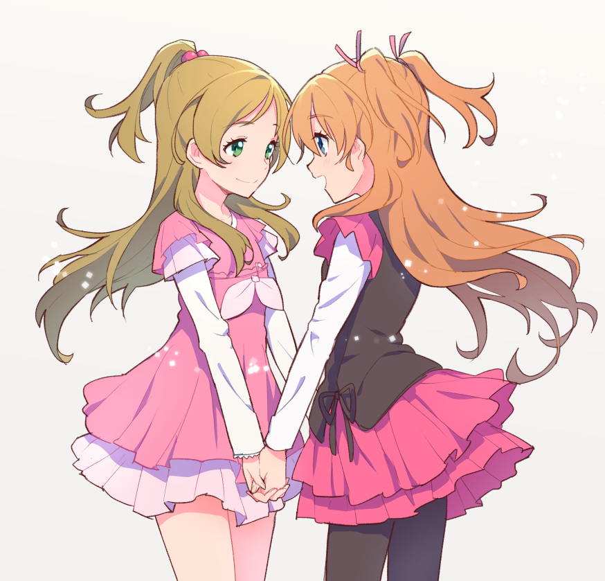 2girls black_legwear blue_eyes brown_hair closed_mouth eye_contact female green_eyes grey_background hair_bobbles hair_ornament hand_holding houjou_hibiki kurochiroko long_hair looking_at_another minamino_kanade multiple_girls open_mouth orange_hair pantyhose pink_skirt precure simple_background skirt smile suite_precure yuri