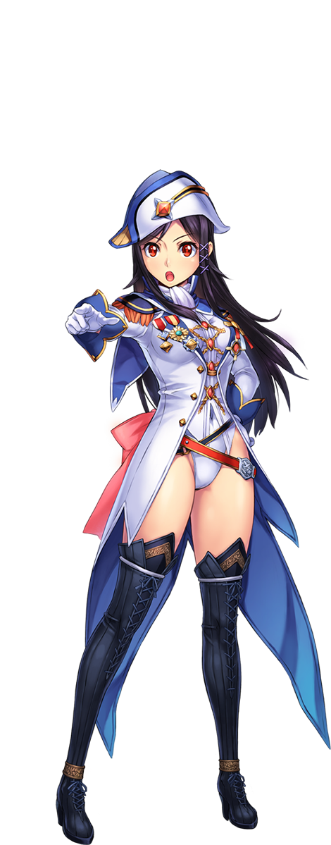 1girl :o awakening_(sennen_sensou_aigis) black_hair bodysuit boots breasts cleavage full_body gloves hair_ornament hand_on_hip hat high_heels leotard long_coat long_sleeves medal military military_uniform open_mouth outstretched_arm pointing reanbell_(sennen_sensou_aigis) red_eyes sennen_sensou_aigis solo thigh-highs thigh_boots transparent_background uchiu_kazuma uniform white_gloves