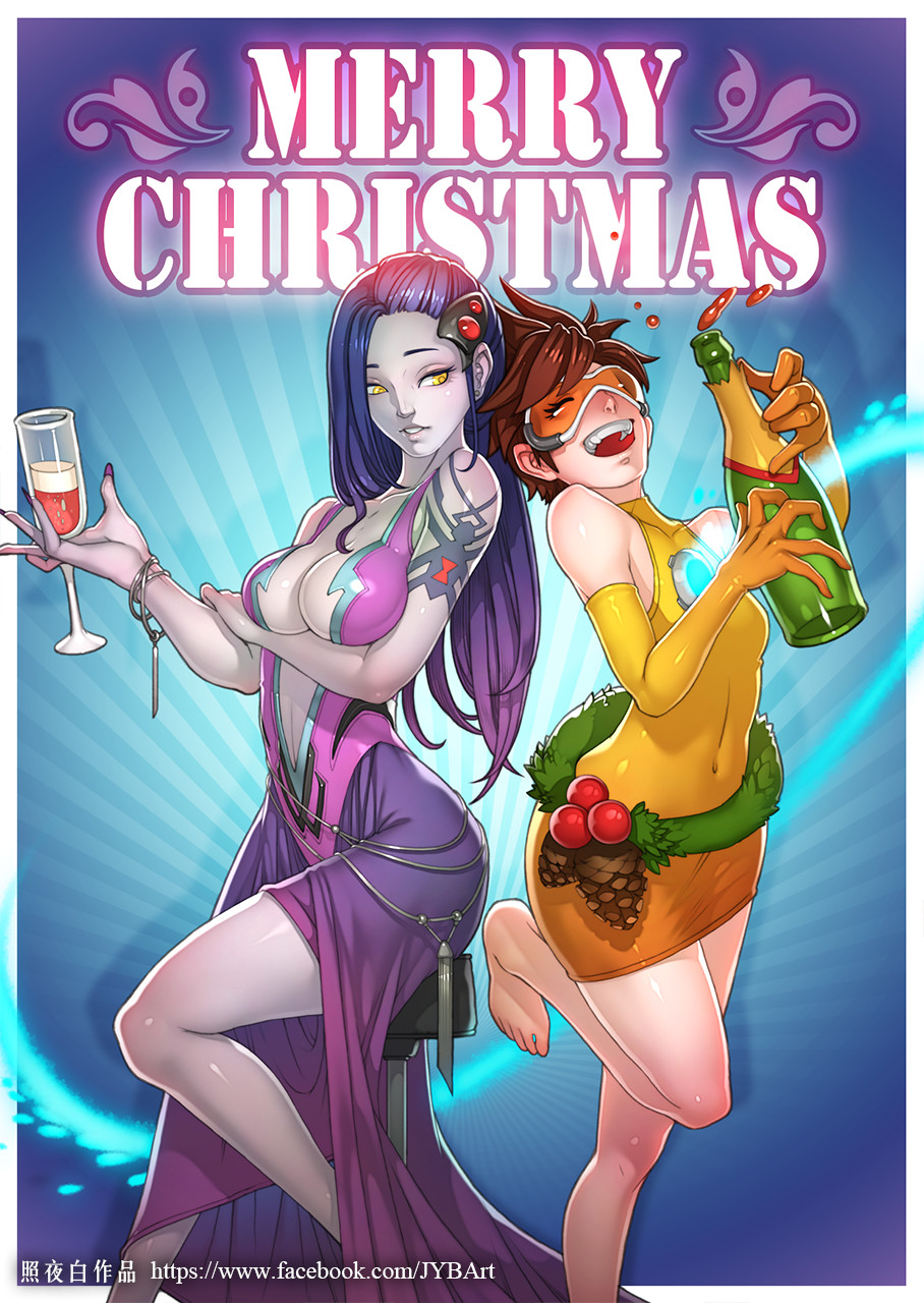 2girls :d adapted_costume alcohol arm_tattoo artist_name bangs bare_shoulders barefoot bottle bracelet breasts brown_hair center_opening chair christmas cleavage closed_eyes collarbone covered_navel cowboy_shot cup dress drinking_glass elbow_gloves eyelashes feet fingernails glass gloves goggles highres holding holding_bottle holding_glass jewelry knee_up large_breasts long_dress long_fingernails long_hair merry_christmas midriff multiple_girls nail_polish nose open_mouth overwatch parted_lips purple_dress purple_hair purple_lips purple_nails purple_skin short_dress sitting sleeveless sleeveless_dress smile spider_tattoo spiky_hair standing standing_on_one_leg swept_bangs tattoo teeth tracer_(overwatch) turtleneck watermark web_address widowmaker_(overwatch) wine wine_bottle yellow_dress yellow_eyes yellow_gloves zhaoyebai