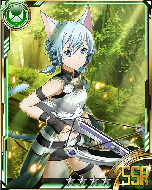 1girl alternate_weapon animal_ears black_gloves black_ribbon black_shorts blue_eyes blue_hair bow_(weapon) breastplate card_(medium) cat_ears cat_tail crossbow fingerless_gloves forest gloves hair_ribbon holding holding_weapon looking_at_viewer midriff nature navel outdoors ribbon shinon_(sao-alo) short_hair_with_long_locks short_shorts shorts solo sword_art_online tail thigh-highs weapon