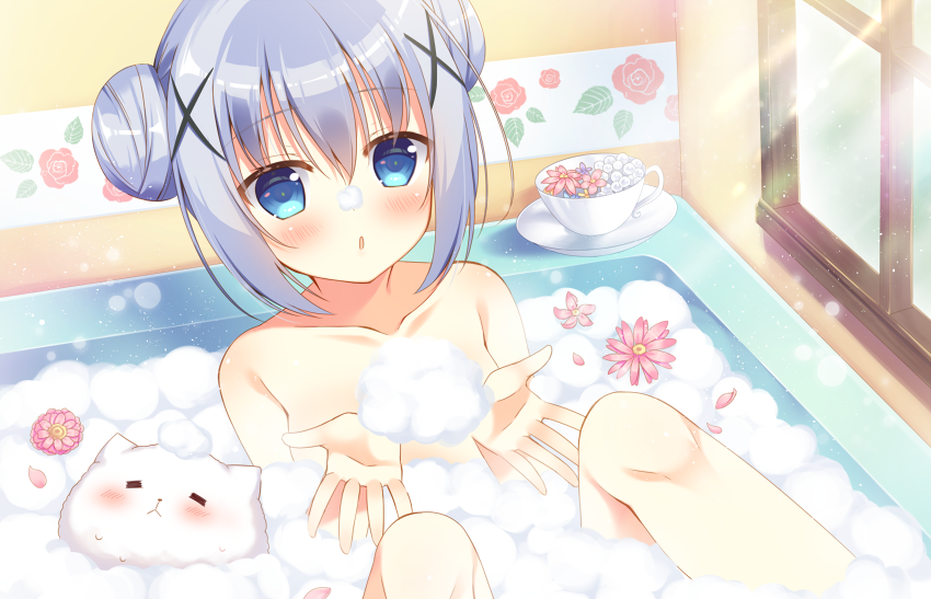 1girl :o angora_rabbit bath bathing bathroom bathtub blue_eyes blue_hair blush bubble_bath collarbone convenient_censoring cup day double_bun floral_print flower gochuumon_wa_usagi_desu_ka? hair_ornament indoors kafuu_chino knees_up lens_flare nude open_hands partially_submerged rabbit rose_print sakura_yuzuna soap_bubbles solo sunlight tippy_(gochuumon_wa_usagi_desuka?) window x_hair_ornament