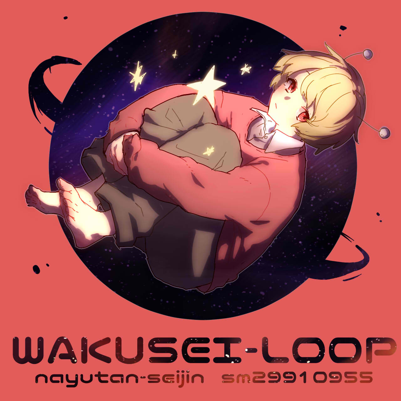1boy antennae barefoot blonde_hair fetal_position highres koniro looking_at_viewer male_focus niconico planet red_background red_eyes red_sweater school_uniform short_hair simple_background solo song_name sou_(niconico) star sweater vocaloid wakusei_loop_(vocaloid)