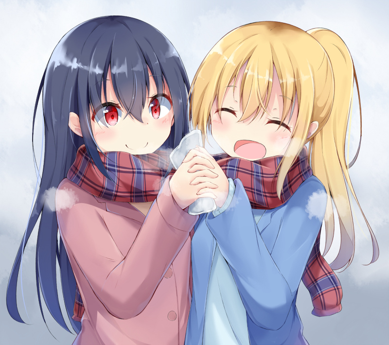 2girls :d black_hair blonde_hair blue_coat blush breath closed_mouth coat eyebrows_visible_through_hair hair_between_eyes hand_holding head_tilt heat_pack high_ponytail kyuukon_(qkonsan) long_hair long_sleeves multiple_girls open_clothes open_coat open_mouth original pink_coat plaid plaid_scarf red_eyes scarf shared_scarf smile upper_body