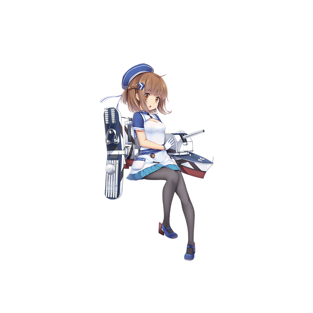 1girl aixioo belt beret black_legwear blue_hat blue_shoes blue_skirt braid braine_(zhan_jian_shao_nyu) breasts brown_eyes brown_hair buttons cannon cleavage crown_braid depth_charge depth_charge_projector dress full_body gloves hair_ornament hat looking_at_viewer machinery miniskirt official_art open_mouth pantyhose pigeon-toed pocket rudder_shoes shoes short_sleeves sitting skirt small_breasts solo torpedo transparent_background turret white_dress white_gloves zhan_jian_shao_nyu