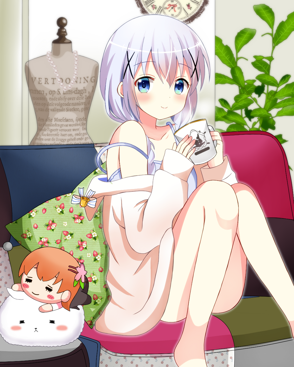 2girls bangs bead_necklace beads blue_eyes blue_hair blush camisole chibi clock coffee commentary couch cup eyebrows_visible_through_hair gochuumon_wa_usagi_desu_ka? hair_between_eyes hair_ornament highres hoto_cocoa indoors jewelry kafuu_chino knees_together_feet_apart knees_up looking_at_viewer mannequin mug multiple_girls necklace nightgown pillow plant room ryoutan sitting smile solo_focus strap_slip tippy_(gochuumon_wa_usagi_desuka?) x_hair_ornament