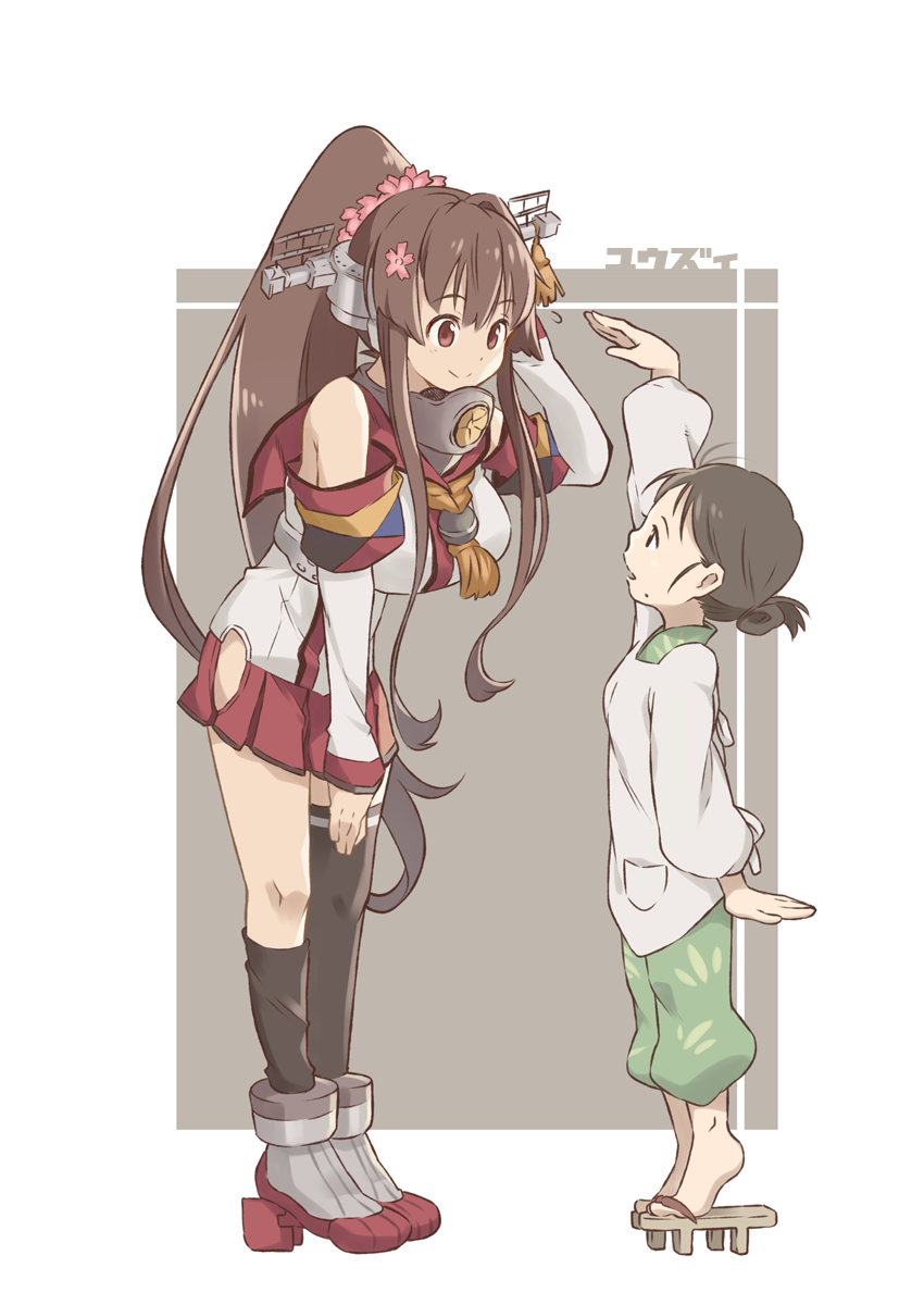 2girls apron arm_up black_hair brown_hair cherry_blossoms detached_sleeves flower hair_flower hair_ornament headgear height_difference highres kantai_collection leaning_forward long_hair measuring miniskirt mole mole_under_mouth multiple_girls ponytail sandals single_thighhigh skirt thigh-highs tiptoes very_long_hair yamato_(kantai_collection) yuuzii