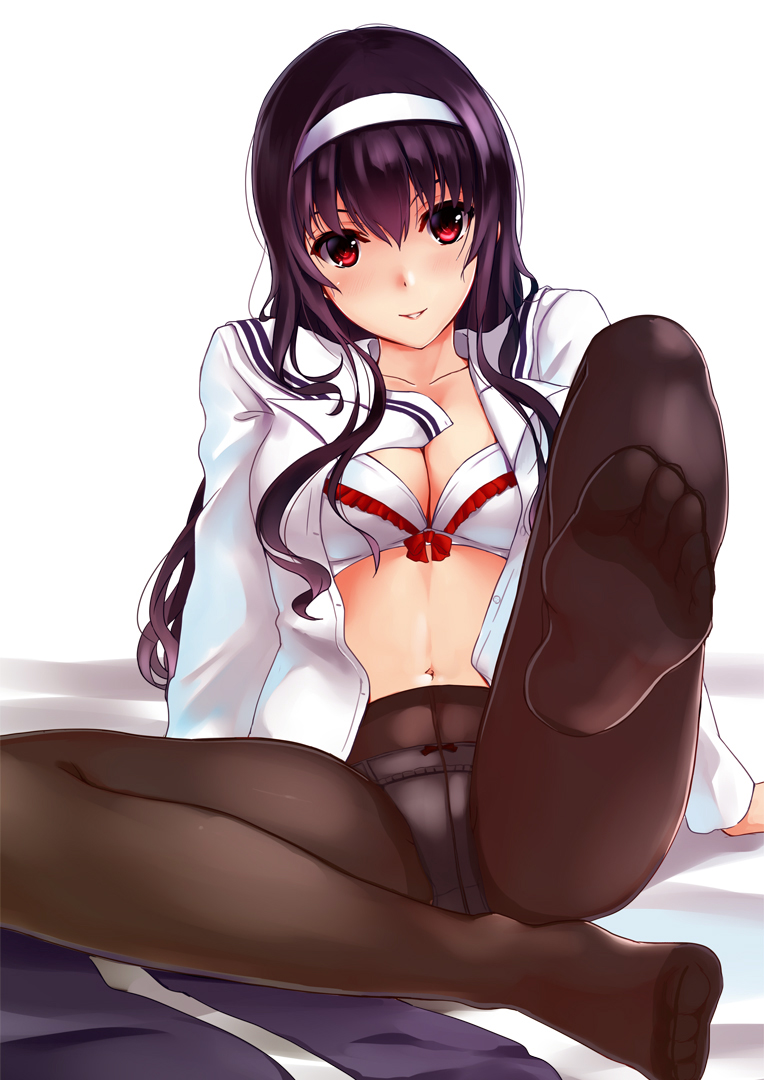 1girl black_hair black_legwear bow bow_bra bow_panties bra collarbone feet frilled_bra frills hair_between_eyes hairband kasumigaoka_utaha knee_up legs long_hair mizuki_(mizuki_ame) navel no_shoes panties panties_under_pantyhose pantyhose parted_lips red_bow red_eyes saenai_heroine_no_sodatekata school_uniform serafuku simple_background skirt skirt_removed soles solo thighs toes unbuttoned underwear white_background white_bra white_panties