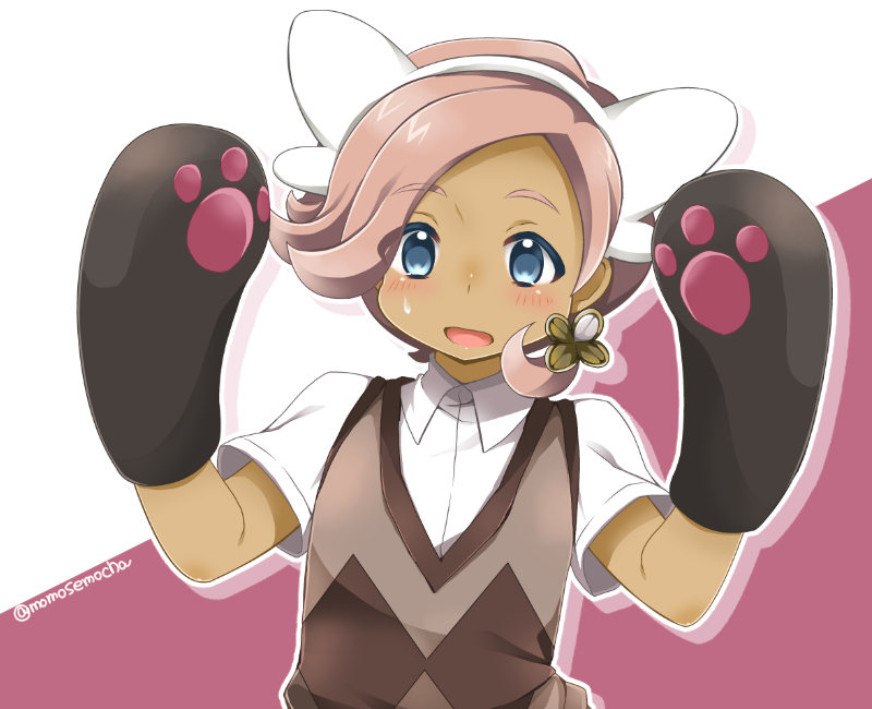 1boy animal_ears artist_name blue_eyes blush dark_skin ilima_(pokemon) male_focus momosemocha open_mouth pink_hair pokemon pokemon_(game) pokemon_sm solo upper_body